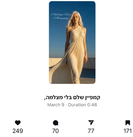 צילום מסך של הפוסט 'קמפיין שלם בלי מצלמה': 249 לייקים, 70 תגובות, 77 שיתופים ו-171 שמירות